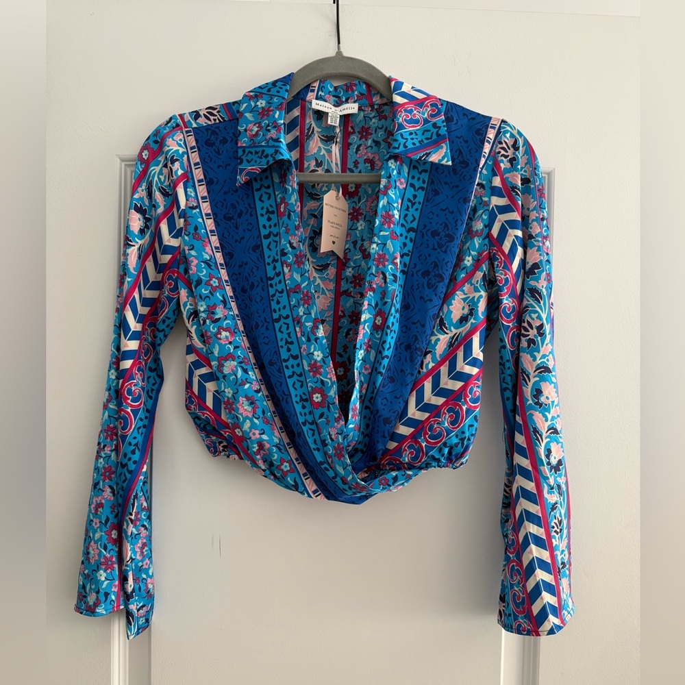 Blue Mixed-Print Drape Front Crop Top